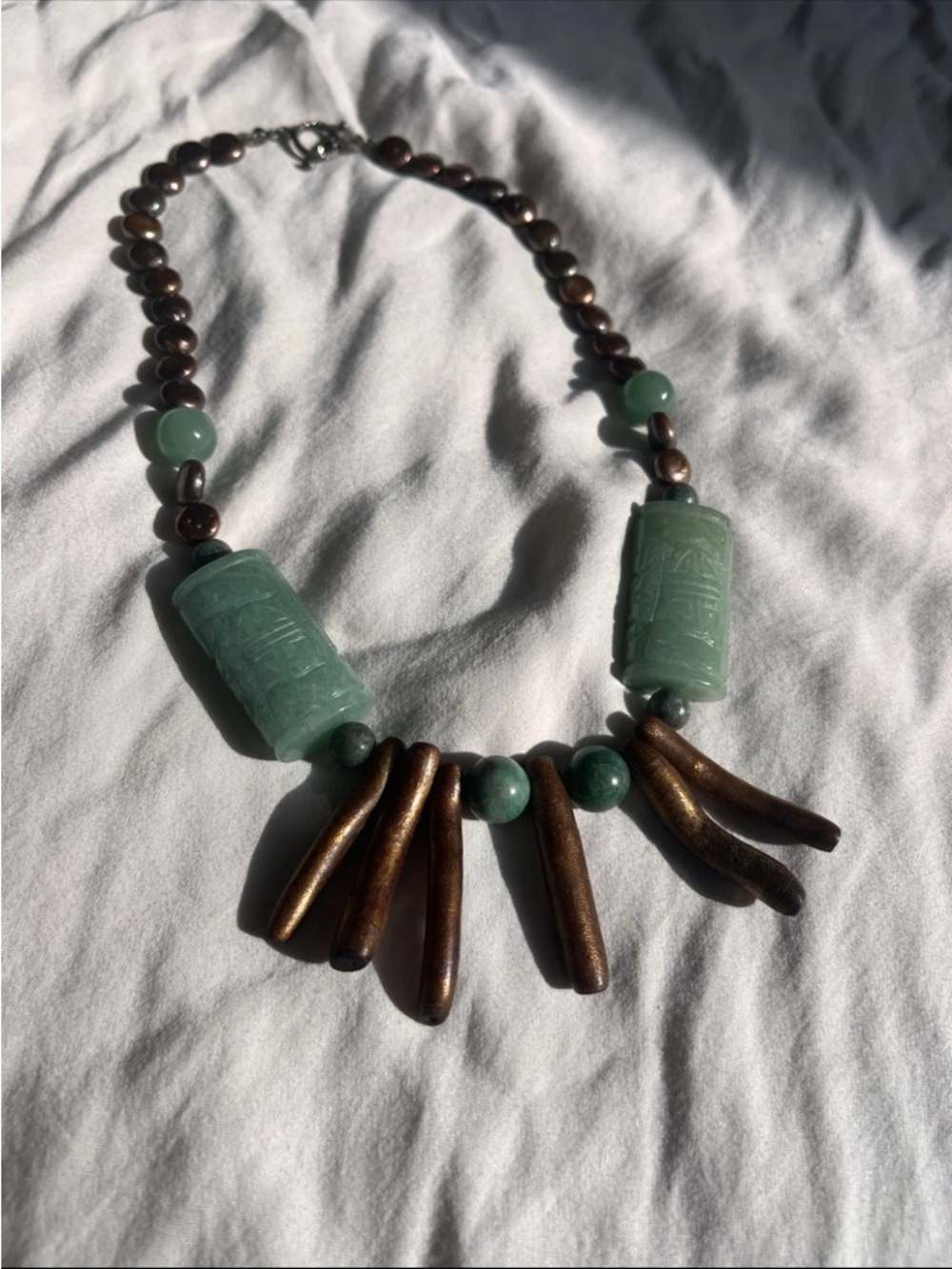 Rare Vintage Copper Button Pearl Branch Coral And Archaic Chinese Jade Necklace